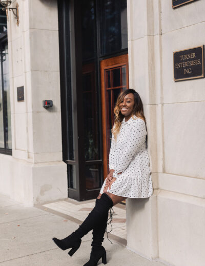 Jordan Taylor C - 6 Free Apps that EVERY Blogger Needs, black woman in white polka dot dress and stuart weitzman over the knee leaning against a wall