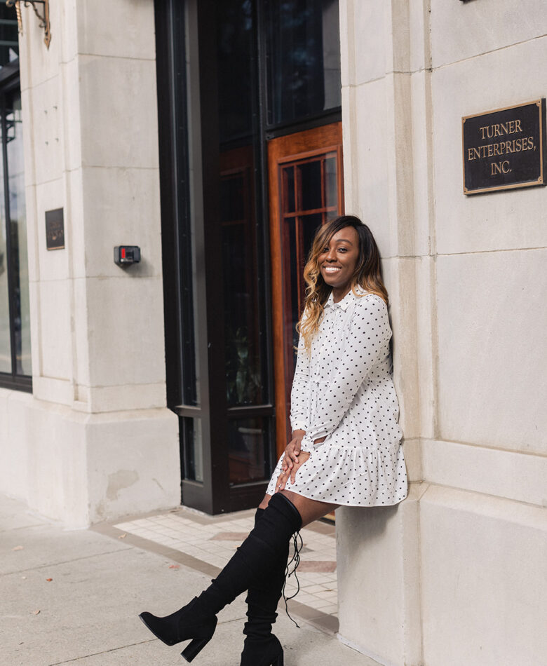 Jordan Taylor C - 6 Free Apps that EVERY Blogger Needs, black woman in white polka dot dress and stuart weitzman over the knee leaning against a wall