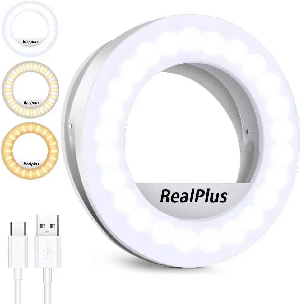 Selfie Ring Light, RealPlus Clip-on Ring Light [Rechargeable] with 3 Colors & 40 LEDs, Dimmable Selfie Light for Phone, Tablet, Laptop, Zoom Meeting, Makeup, Video