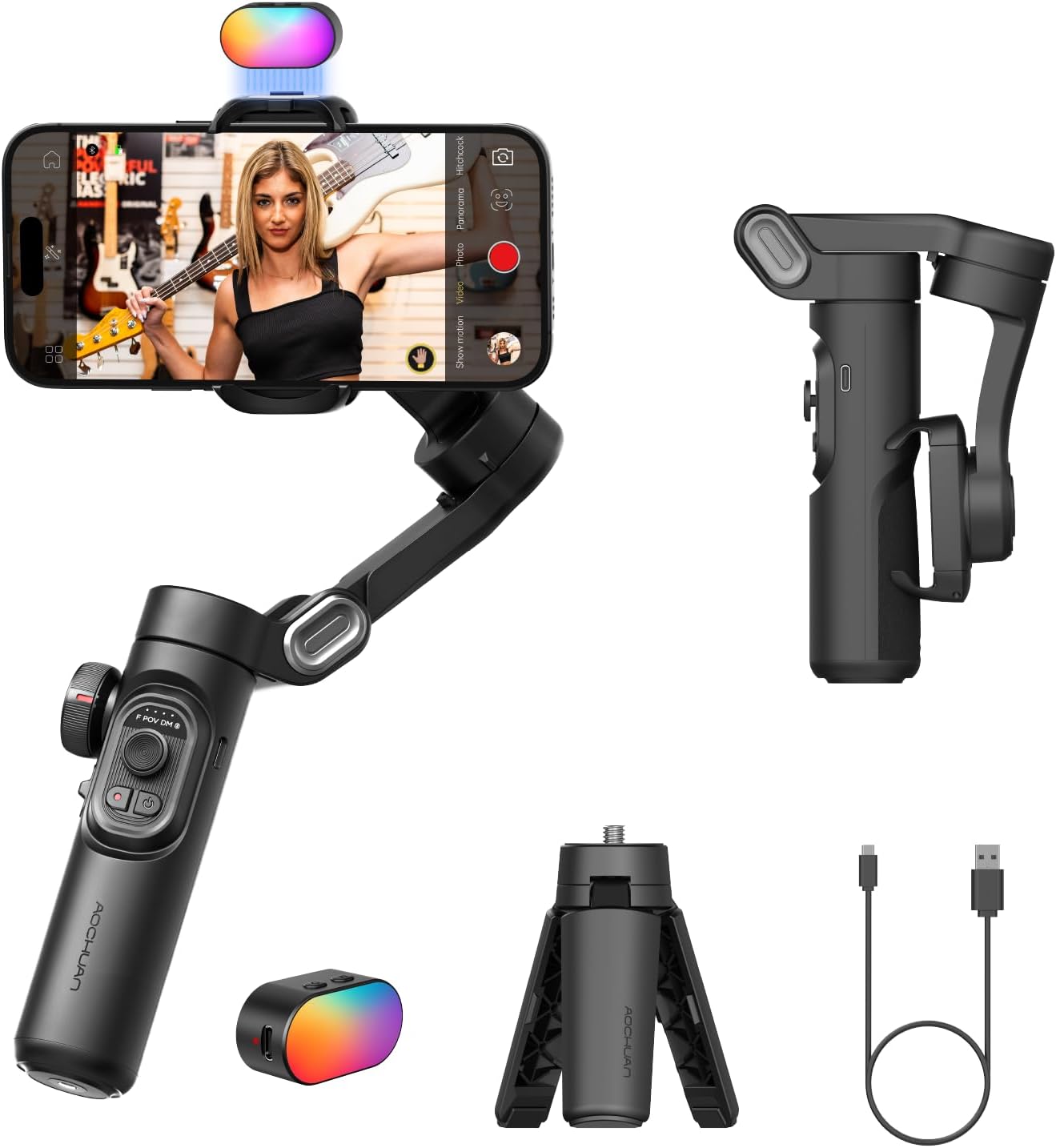 Smartphone Gimbal 3-Axis Stabilizer for iPhone & Android, Magnetic Fill Light,Smooth Video Recording, Foldable Portable 3-Axis Gimble for Smartphone-AOCHUAN Smart XE Kit