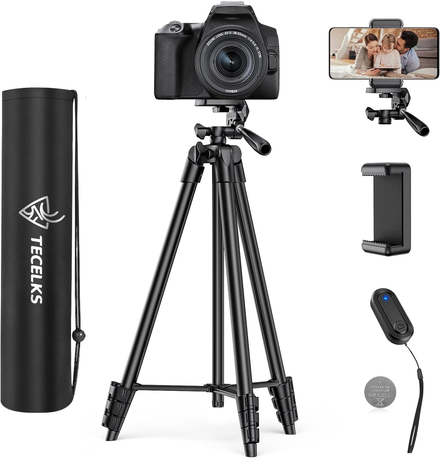 Lightweight Tripod 55-Inch/135cm, Video/Phone/Light Camera Tripod Stand with Wireless Remote Shutter, Phone Clip, Carry Bag for Travel/YouTube Video/Photography/Vlog, Compatible with iOS & Android